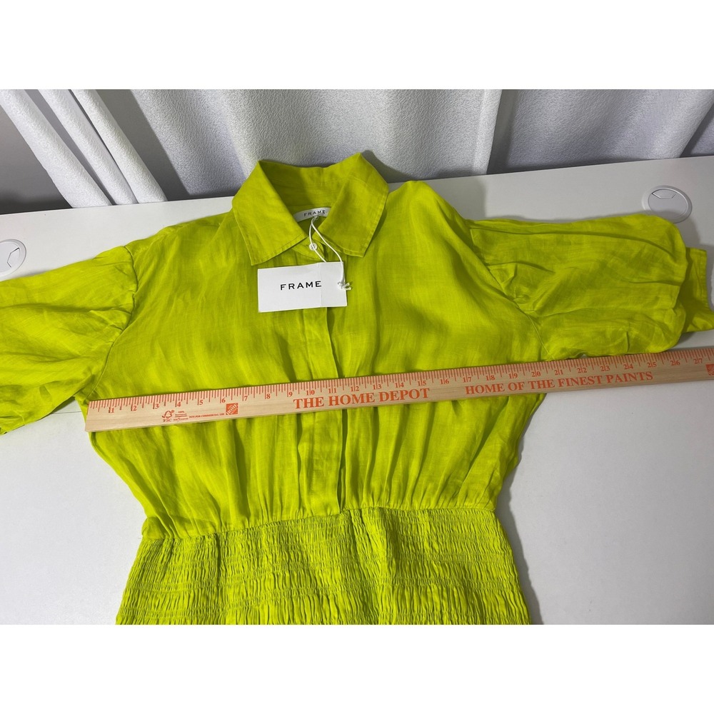 FRAME Smocked Shirt Dress Flash Lime Ramie Mini Puff Sleeve LWWD0591 Medium New - Picture 9 of 10